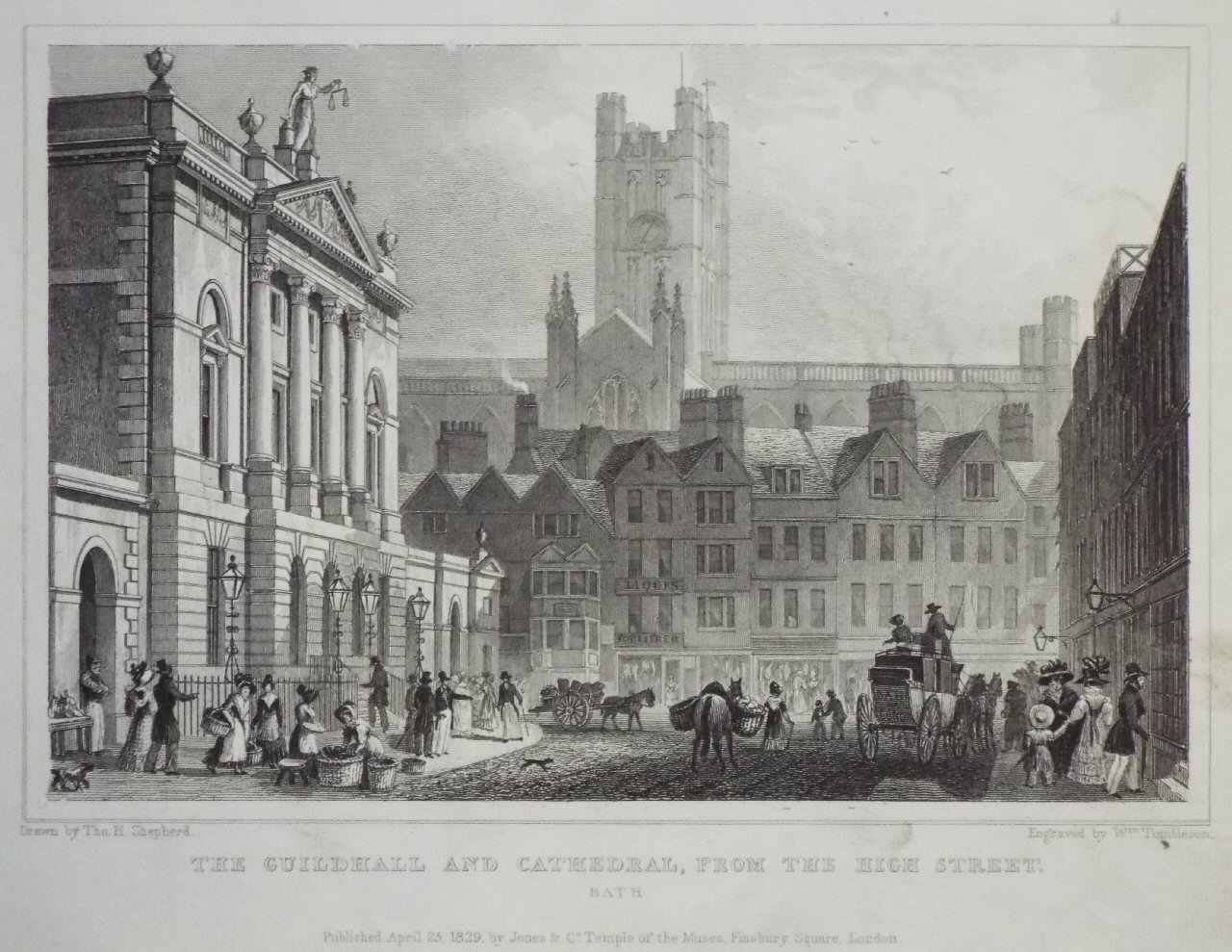 Print - The Guildhall and Cathedral, from the High Street, Bath. - Tombleson